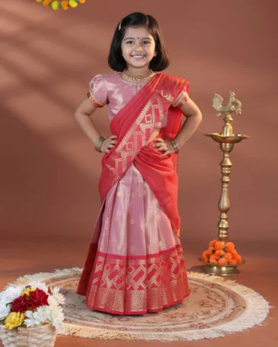 Traditional Dhavani Set For Girls With A Detailed Gold Zari Border And Matching Blouse - Pink